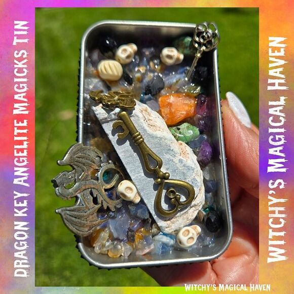 Dragon Key Angelite and Blue Chalcedony Crystal Charm Magicks Tin - Picture 4 of 5